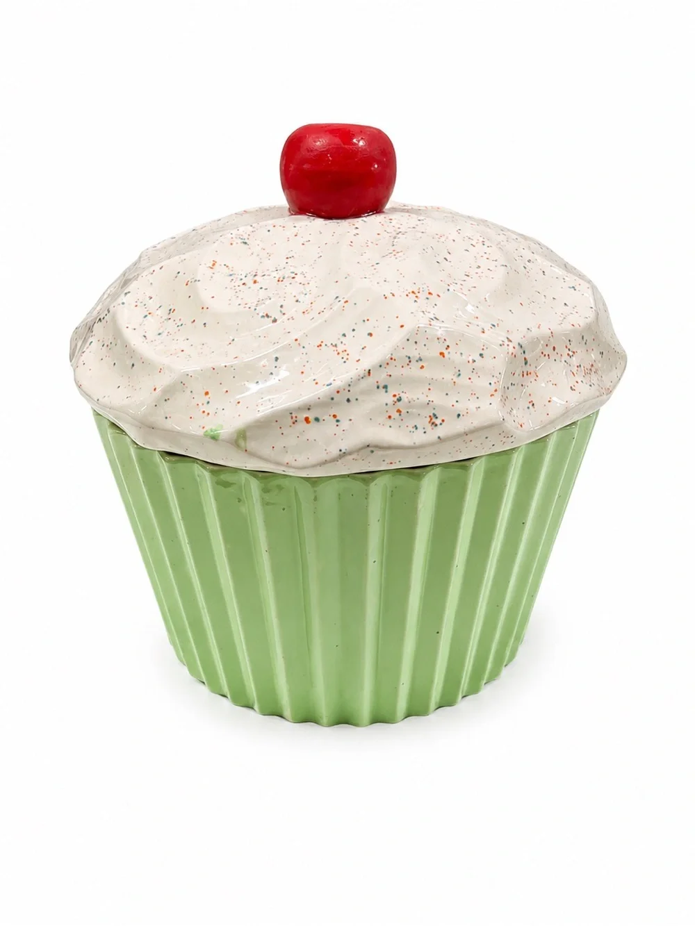 Vintage MCM Ceramic Cupcake Treat Jar - Green with White Frosting and Red Cherry